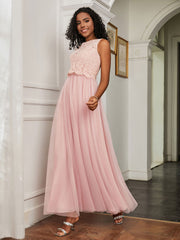 A-Line Jewel Neckline Tulle Dress Dusty Rose Plus Size