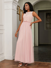 A-Line Jewel Neckline Tulle Dress Dusty Rose