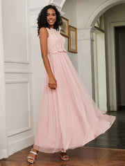A-Line Jewel Neckline Tulle Dress Dusty Rose