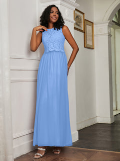 A-Line Jewel Neckline Tulle Dress Blue