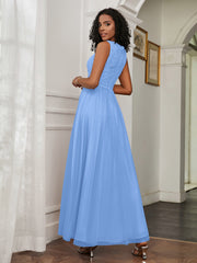 A-Line Jewel Neckline Tulle Dress Blue Plus Size