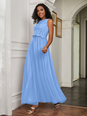 A-Line Jewel Neckline Tulle Dress Blue