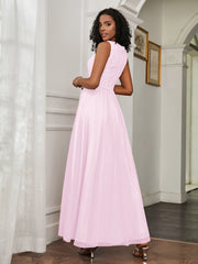 A-Line Jewel Neckline Tulle Dress Blushing Pink