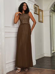 A-Line Jewel Neckline Tulle Dress Brown