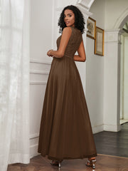 A-Line Jewel Neckline Tulle Dress Brown