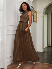 A-Line Jewel Neckline Tulle Dress Brown