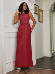 A-Line Jewel Neckline Tulle Dress Burgundy