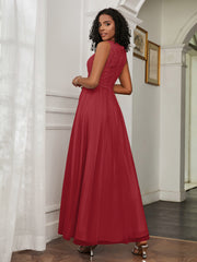 A-Line Jewel Neckline Tulle Dress Burgundy