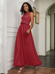 A-Line Jewel Neckline Tulle Dress Burgundy