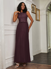 A-Line Jewel Neckline Tulle Dress Cabernet