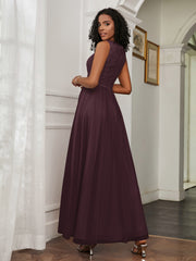 A-Line Jewel Neckline Tulle Dress Cabernet