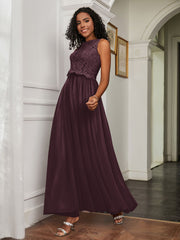 A-Line Jewel Neckline Tulle Dress Cabernet