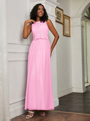 A-Line Jewel Neckline Tulle Dress Candy Pink Plus Size