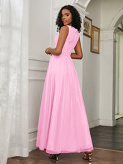A-Line Jewel Neckline Tulle Dress Candy Pink Plus Size