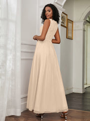 A-Line Jewel Neckline Tulle Dress Champagne