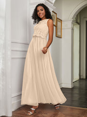 A-Line Jewel Neckline Tulle Dress Champagne