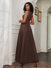A-Line Jewel Neckline Tulle Dress Chocolate