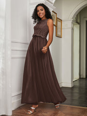 A-Line Jewel Neckline Tulle Dress Chocolate Plus Size