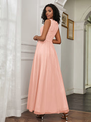 A-Line Jewel Neckline Tulle Dress Coral