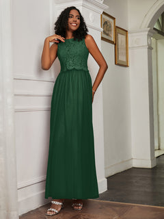 A-Line Jewel Neckline Tulle Dress Dark Green