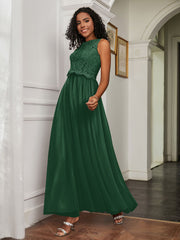 A-Line Jewel Neckline Tulle Dress Dark Green
