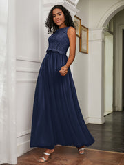 A-Line Jewel Neckline Tulle Dress Dark Navy