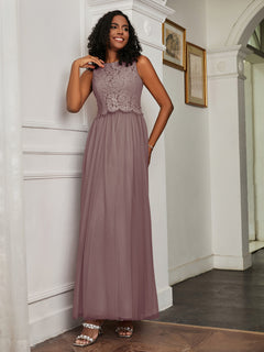 A-Line Jewel Neckline Tulle Dress Dusk