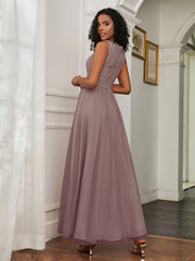 A-Line Jewel Neckline Tulle Dress Dusk