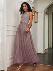 A-Line Jewel Neckline Tulle Dress Dusk