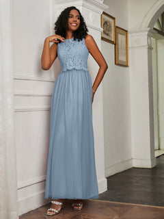 A-Line Jewel Neckline Tulle Dress Dusty Blue