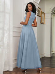 A-Line Jewel Neckline Tulle Dress Dusty Blue Plus Size