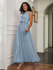 A-Line Jewel Neckline Tulle Dress Dusty Blue