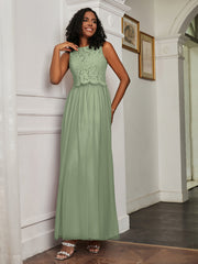 A-Line Jewel Neckline Tulle Dress Dusty Sage Plus Size