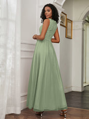 A-Line Jewel Neckline Tulle Dress Dusty Sage