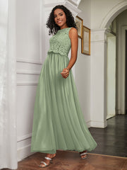 A-Line Jewel Neckline Tulle Dress Dusty Sage