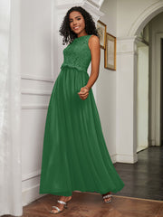 A-Line Jewel Neckline Tulle Dress Emerald Plus Size