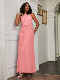 A-Line Jewel Neckline Tulle Dress Flamingo