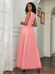 A-Line Jewel Neckline Tulle Dress Flamingo