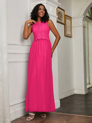 A-Line Jewel Neckline Tulle Dress Fuchsia