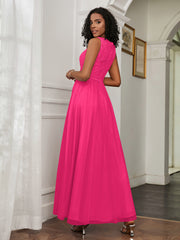 A-Line Jewel Neckline Tulle Dress Fuchsia