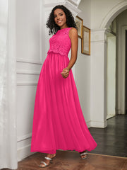A-Line Jewel Neckline Tulle Dress Fuchsia Plus Size