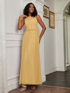 A-Line Jewel Neckline Tulle Dress Gold