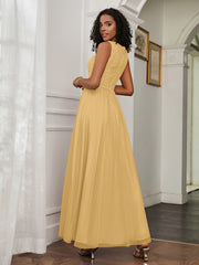 A-Line Jewel Neckline Tulle Dress Gold