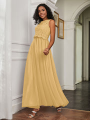 A-Line Jewel Neckline Tulle Dress Gold Plus Size