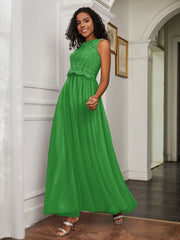 A-Line Jewel Neckline Tulle Dress Green