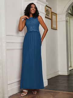 A-Line Jewel Neckline Tulle Dress Ink Blue