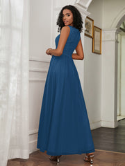 A-Line Jewel Neckline Tulle Dress Ink Blue Plus Size
