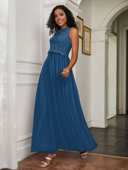 A-Line Jewel Neckline Tulle Dress Ink Blue