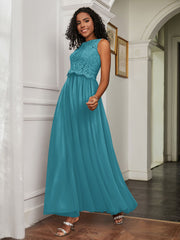 A-Line Jewel Neckline Tulle Dress Jade