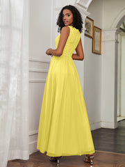 A-Line Jewel Neckline Tulle Dress Lemon